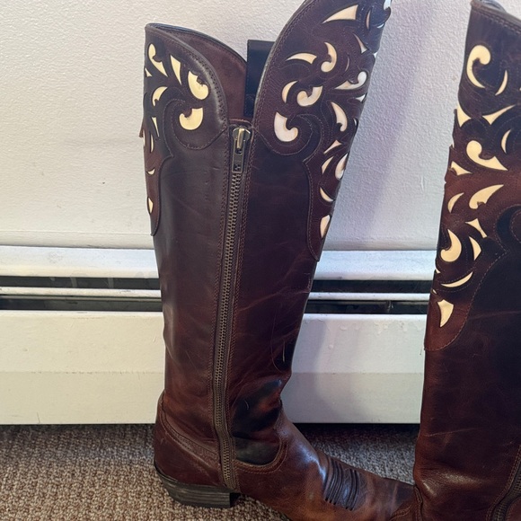 Women's Ariat Hacienda Brown Knee High Leather Inlay Snip Toe Boots Sz 7.5 - Picture 3 of 4